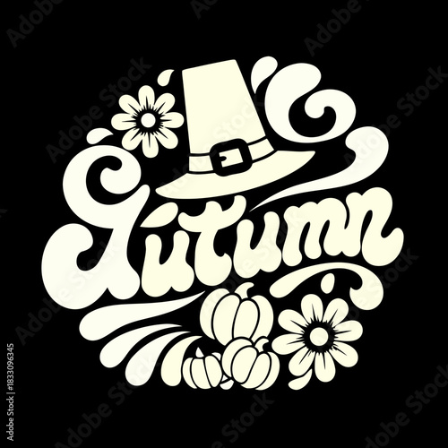 Autumn pilgrim hat sunflowers pumpkins graphic design