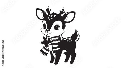 Charming black and white cartoon reindeer wearing a scarf.