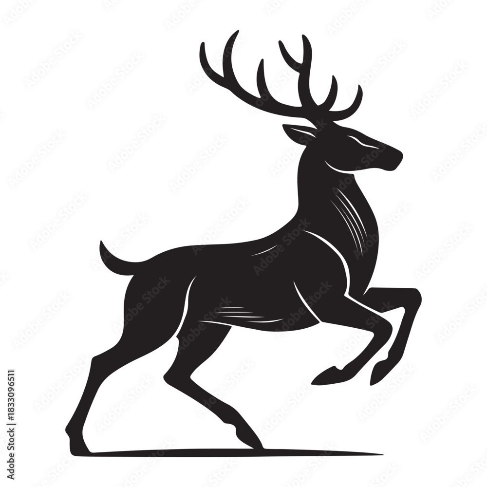 Obraz premium Deer silhouette vector illustration, Running deer silhouette with large antlers black and white vector