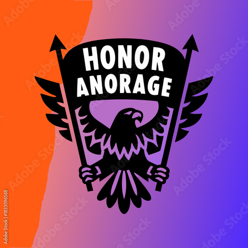 Black eagle holding banner with white text honor and courage