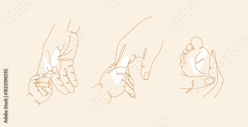 Mother hold child finger, hand, foot illustration drawing in linear art style on beige background