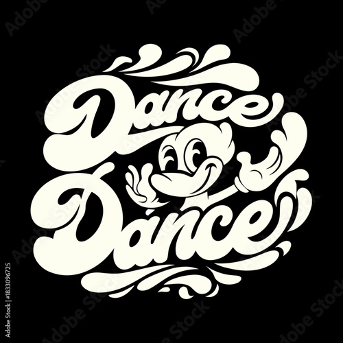 Cartoon duck character dancing with dance text dancer