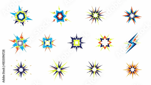 Collection of colorful abstract geometric starburst and explosion shapes.