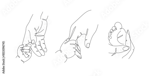 Mother hold child finger, hand, foot illustration drawing in linear art style with black color lines on white background