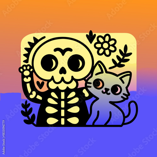 Cartoon skeleton with cat companion and floral elements