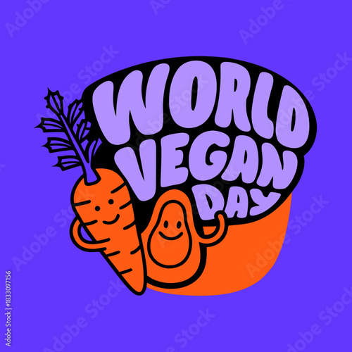 Cheerful carrot and avocado celebrate world vegan day