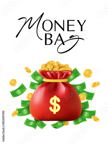 3d red money bag filled with gold coins and surrounded by flying cash and coins, representing wealth, savings, profit, and financial success. 3d vector illustration. Vector illustration