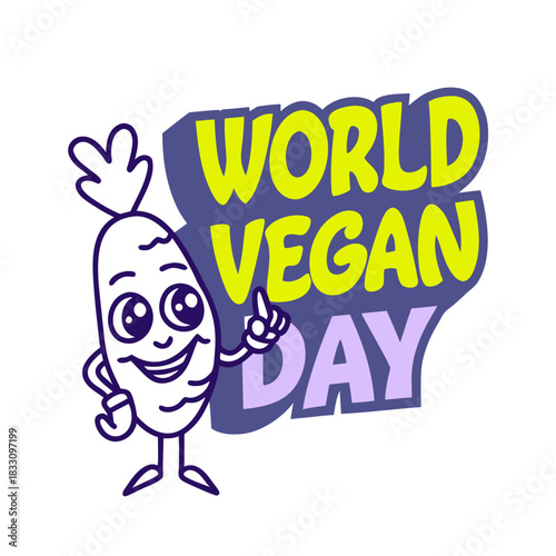 Cheerful cartoon carrot character celebrates World Vegan Day