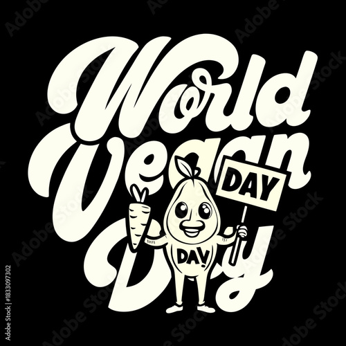 Cheerful pear character celebrates World Vegan Day