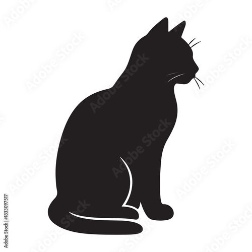 Sitting domestic cat silhouette in black and white vector design