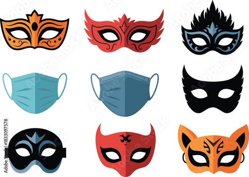 Colorful carnival and masquerade mask collection with decorative designs and medical masks included, vibrant vector set for events, parties and artwork