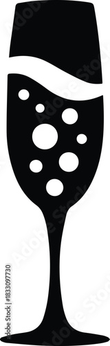 Minimalist black champagne flute glass with bubbles silhouette vector icon