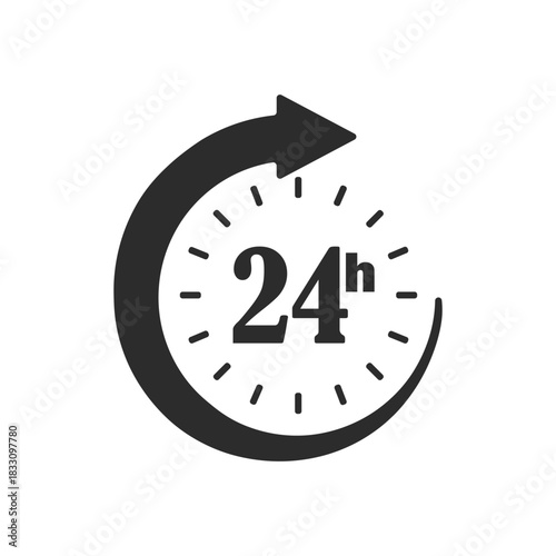 Black and white 24 hour service icon with circular arrow indicating continuous operation or all day availability