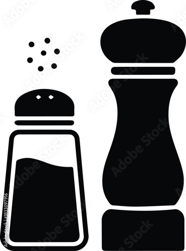 Minimalist black salt shaker and pepper grinder seasoning silhouette vector icon