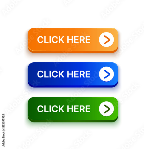 3d colorful click here buttons in orange blue and green with rounded shapes and arrow icons, suitable for ui web banners and call-to-action designs. Vector illustration