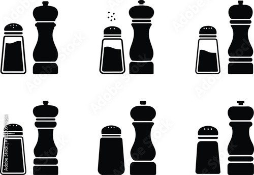 Set of Minimalist black salt shaker and pepper grinder seasoning silhouette vector icon