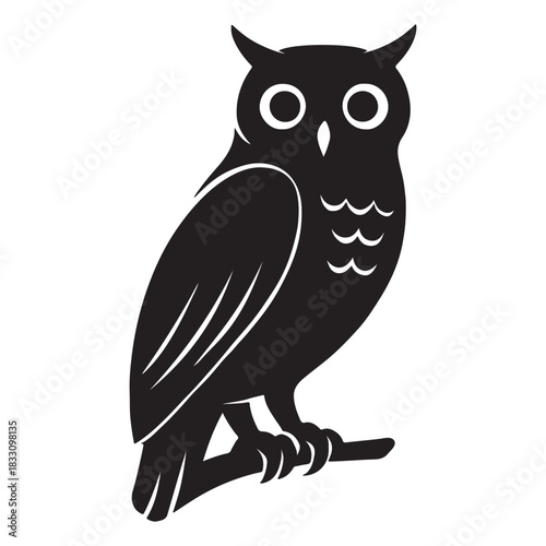 Wise Owl Bird Silhouette Standing Still And Looking Forward Vector. Owl Sitting On a Branch