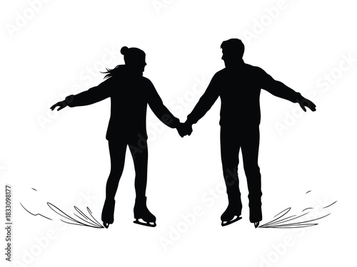 Silhouette of a couple ice skating hand in hand on a white background in a simple graphic style