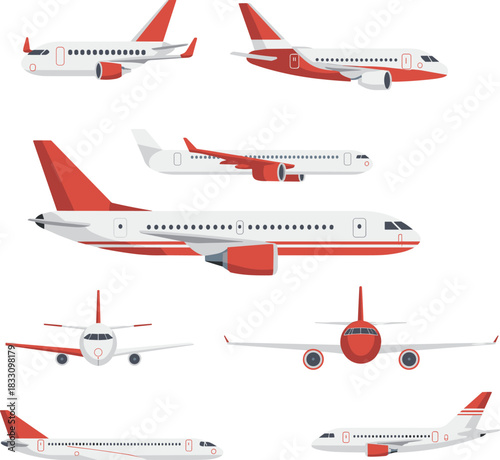 Commercial airplane collection in multiple angles, modern passenger jet illustrations, aviation transport graphics, aircraft set for travel, flight, airline industry design