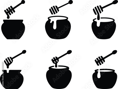 Set of Minimalist black honey pot with wooden dipper silhouette vector icon