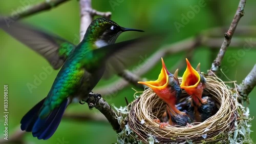 A hummingbird feeds its nestlings in a lush green forest