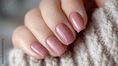 Elegant hand showcasing painted nails and cozy sweater details