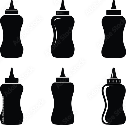 Set of Minimalist black mustard squeeze bottle condiment silhouette vector icon