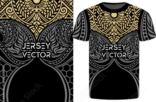 Ornate Polynesian Tribal Sportswear T-Shirt Design with Geometric Motifs, creative customize jersey template, jersey texture. Trendy t shirt design.