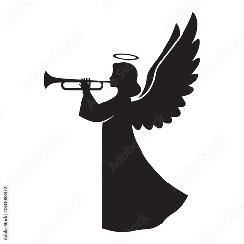 Silhouette of angel with trumpet and halo in reverent, celestial pose.
