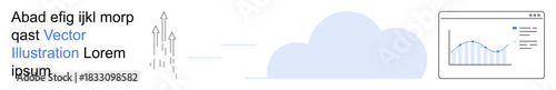 Data analysis, cloud computing, innovation, startup growth, technology progress, market analytics. Rocket launching alongside a cloud and a graph. Cloud computing and data analysis