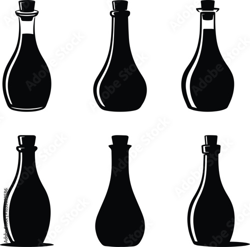 Set of Minimalist black vinegar glass bottle cruet silhouette vector icon