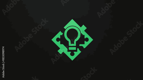 Creative Problem Solving Concept: Green Lightbulb Icon with Interlocking Puzzle Pieces on Dark Background