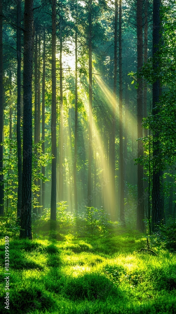 Obraz premium A beautiful forest scene with tall trees, lush green grass, and beams of sunlight shining through the canopy, creating a peaceful and vibrant atmosphere.