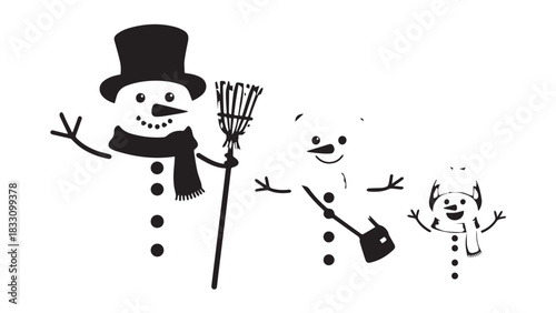 Whimsical winter scene featuring a snowman and joyful children playing outdoors together.