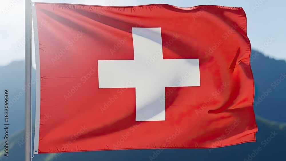 Obraz premium The national flag of Switzerland waving gracefully in the wind with a scenic mountain landscape in the background