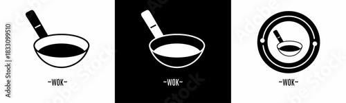 Wok logo set. Collection of black and white logos. Stock vector.