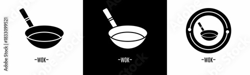 Wok logo set. Collection of black and white logos. Stock vector.