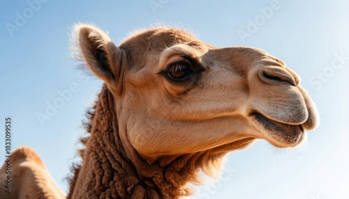 Close-up of a curious camel in a bright, open desert environment Generative AI