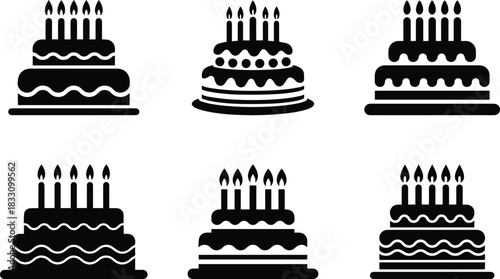 Set of Minimalist black birthday cake with candles silhouette vector icon