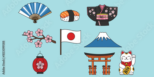Japanese culture icons set including sushi, kimono, Mount Fuji, cherry blossoms, torii gate, flat vector illustration for stock