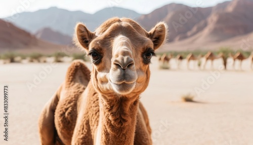 Camel standing in desert landscape with mountains in the background during daytime Generative AI
