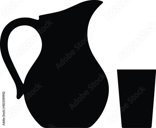 Minimalist black water pitcher jug with glass silhouette vector icon