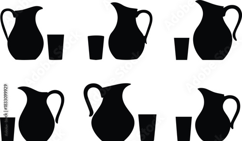 Set of Minimalist black water pitcher jug with glass silhouette vector icon