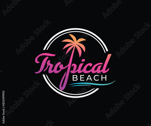 Vibrant tropical beach logo design with palm tree and retro colors