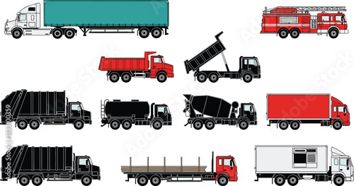 Collection of diverse truck illustrations including semi trailer dump cement mixer fire and garbage trucks