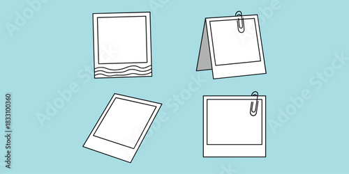 Polaroid photo frame set, cartoon style, paperclip, wave design, tabletop stand, creative layout, flat vector illustration