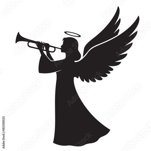 Silhouette of an angel blowing a trumpet with wings spread in a celestial, sacred scene.