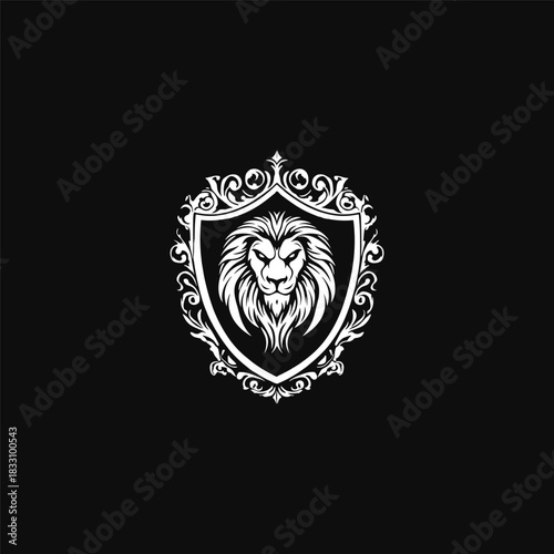Luxury vintage heraldic shield featuring a powerful lion head centerpiece, framed by elaborate baroque and filigree decorations