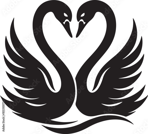 Elegant illustration of two swans forming a heart shape with their necks in black and white design