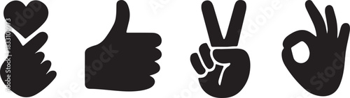 Hand Gesture Icons with Hearts Thumbs Up Peace and Okay Signs silhouette Vector Illustration